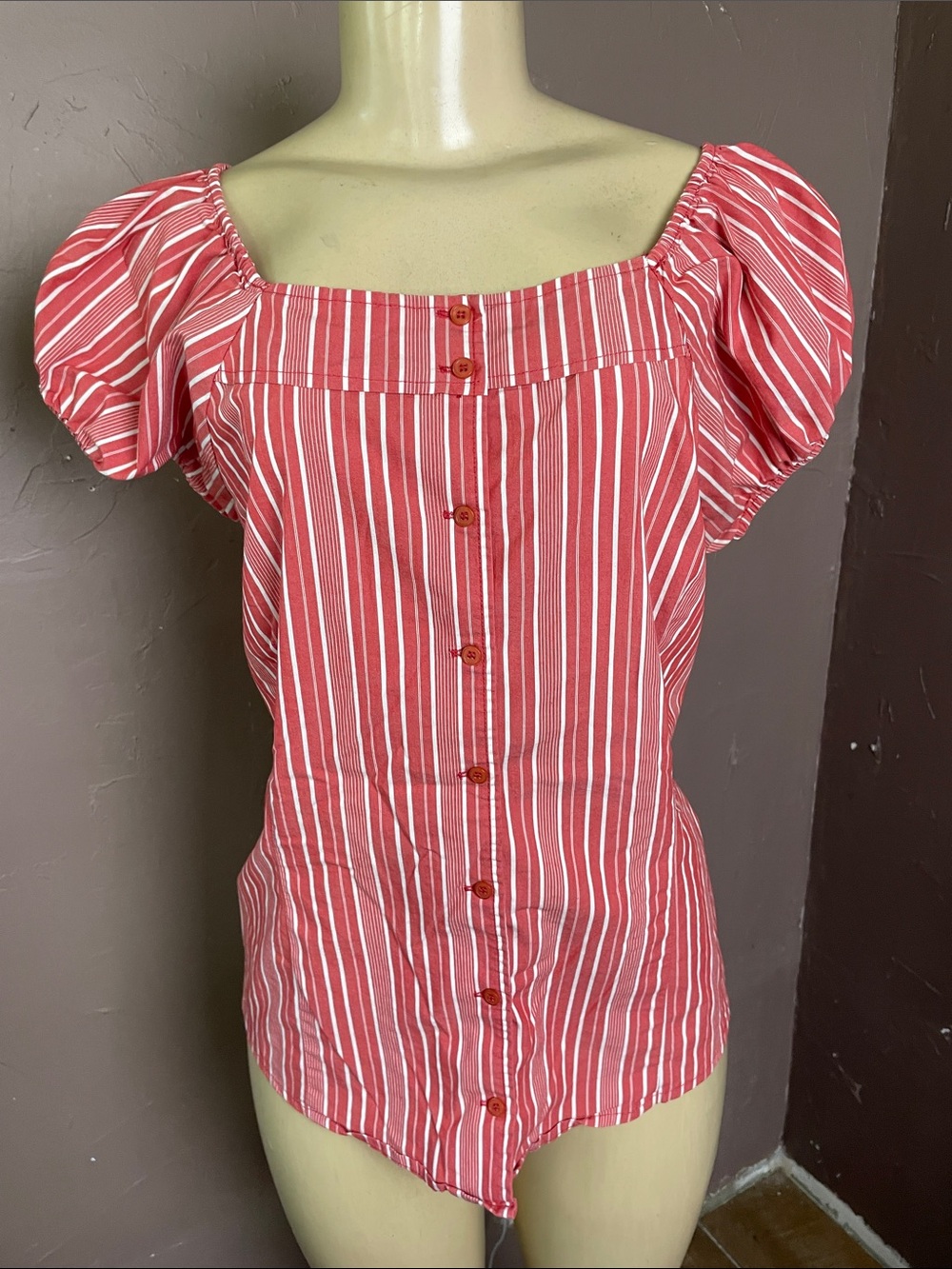 Striped Red Square-Neck Button Front Puff Sleeve Blouse
